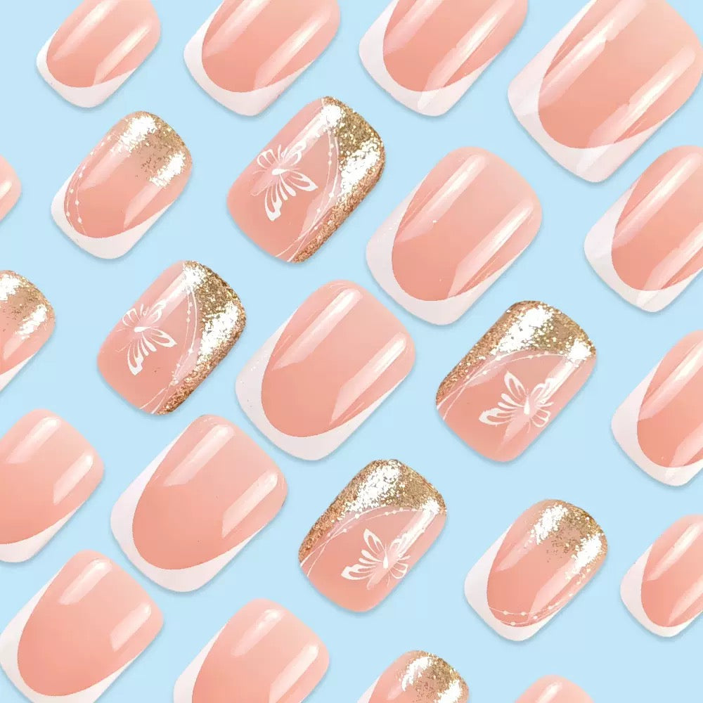 French White-Tip Butterfly Gold Glitter Press-On Nails