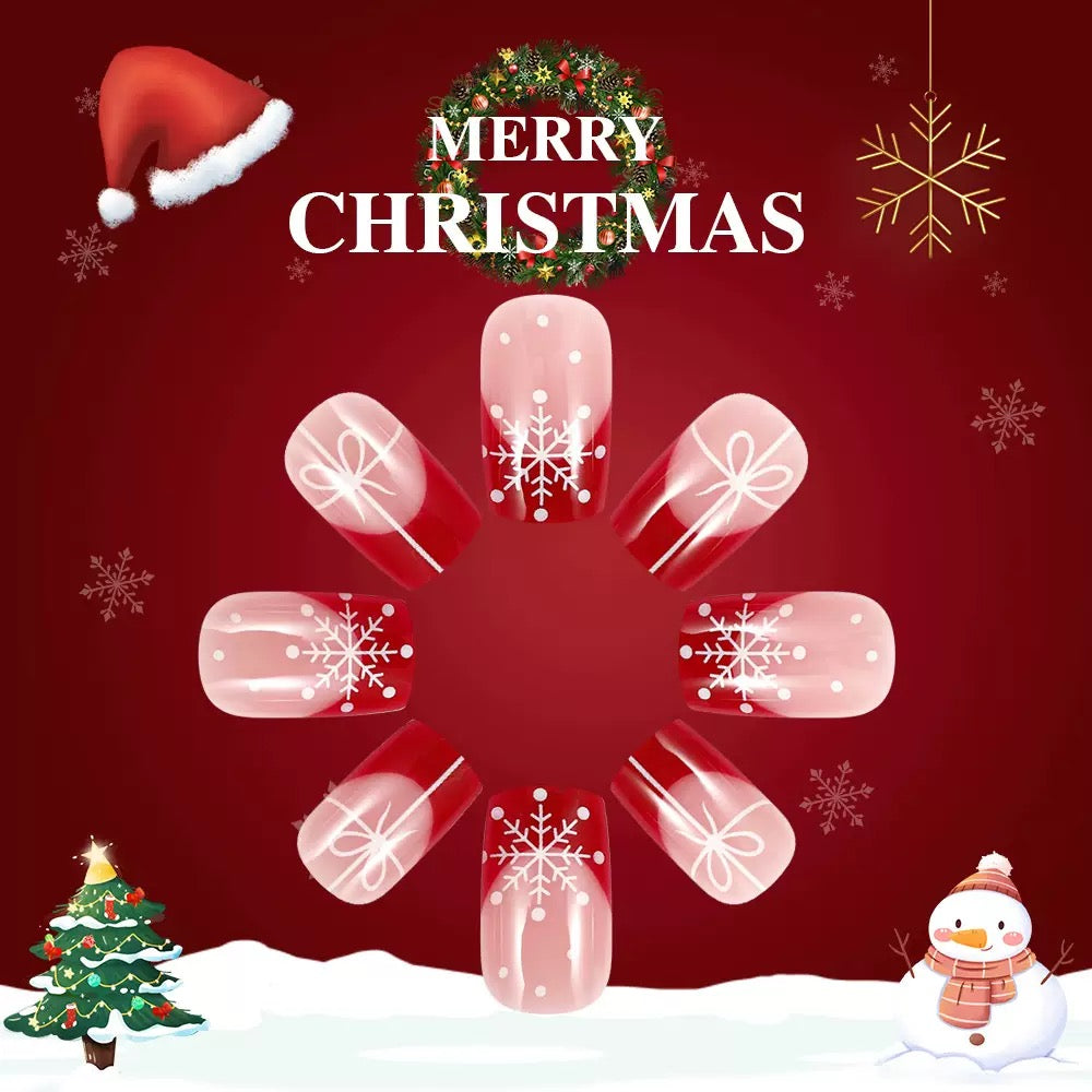 Christmas Glossy Square Nails with White Stripes, Glitter Snowflakes, Ribbon, and Removable Press-On Design