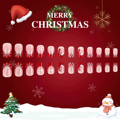Christmas Glossy Square Nails with White Stripes, Glitter Snowflakes, Ribbon, and Removable Press-On Design