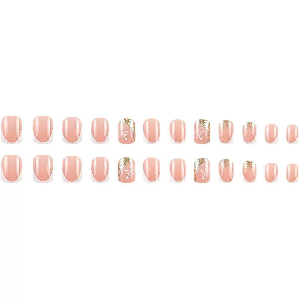 French White-Tip Butterfly Gold Glitter Press-On Nails