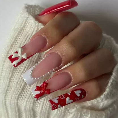 Valentine’s Day Long Coffin Red & White French Minimalist 3D Bow Press-On Nails