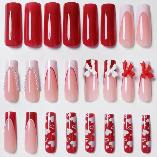 Valentine’s Day Long Coffin Red & White French Minimalist 3D Bow Press-On Nails