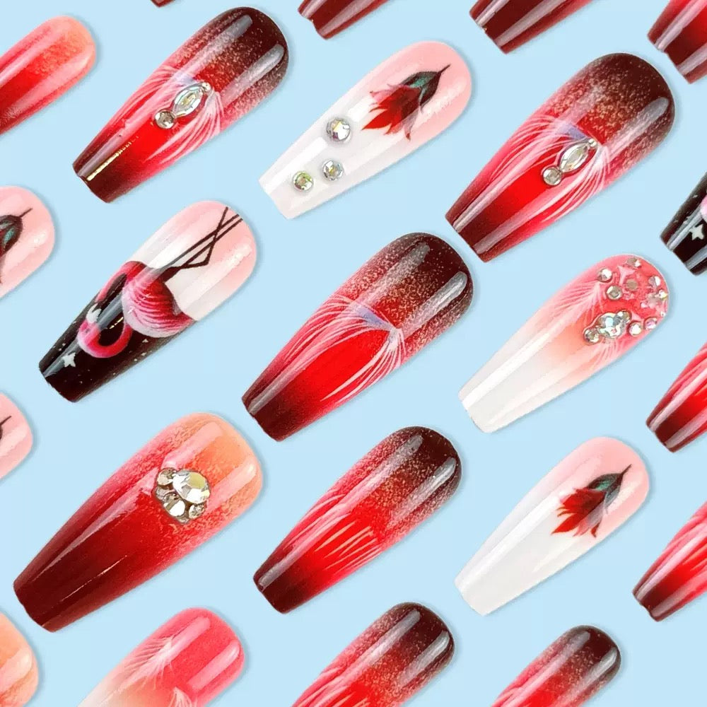 ed Swan Red-to-White Gradient Rhinestone Ballet Press-On Nails (Ready-Made)