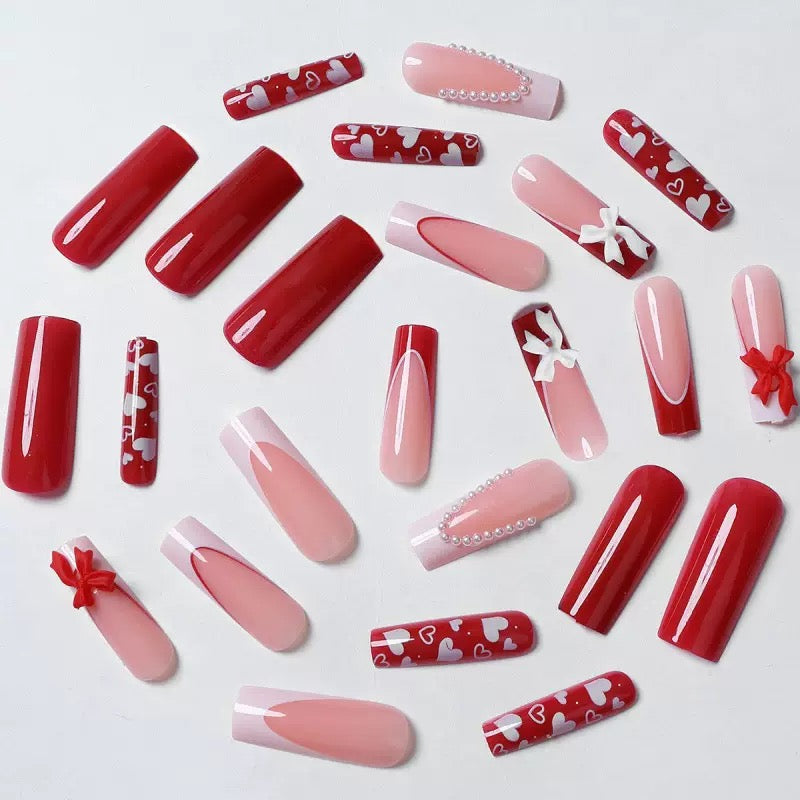 Valentine’s Day Long Coffin Red & White French Minimalist 3D Bow Press-On Nails