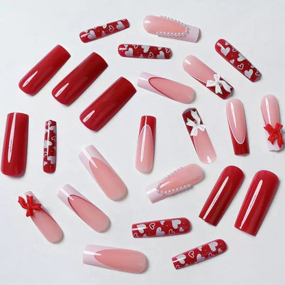 Valentine’s Day Long Coffin Red & White French Minimalist 3D Bow Press-On Nails