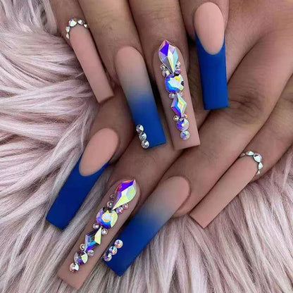 Extra-Long Enchanting Deep Blue Matte Rhinestone Press-On Nails