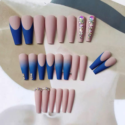 Extra-Long Enchanting Deep Blue Matte Rhinestone Press-On Nails