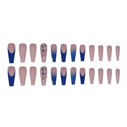 Extra-Long Enchanting Deep Blue Matte Rhinestone Press-On Nails