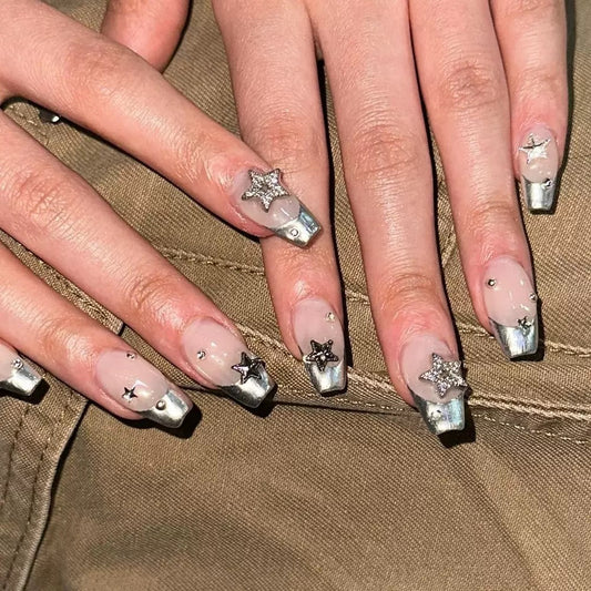 Luxurious Edgy Girl French Silver-Edged Star Rhinestone Sweet-Cool Press-On Nails