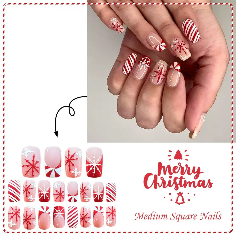 Christmas Medium Square Red & White Color-Block Press-On Nails with Snowflakes and Candy Design
