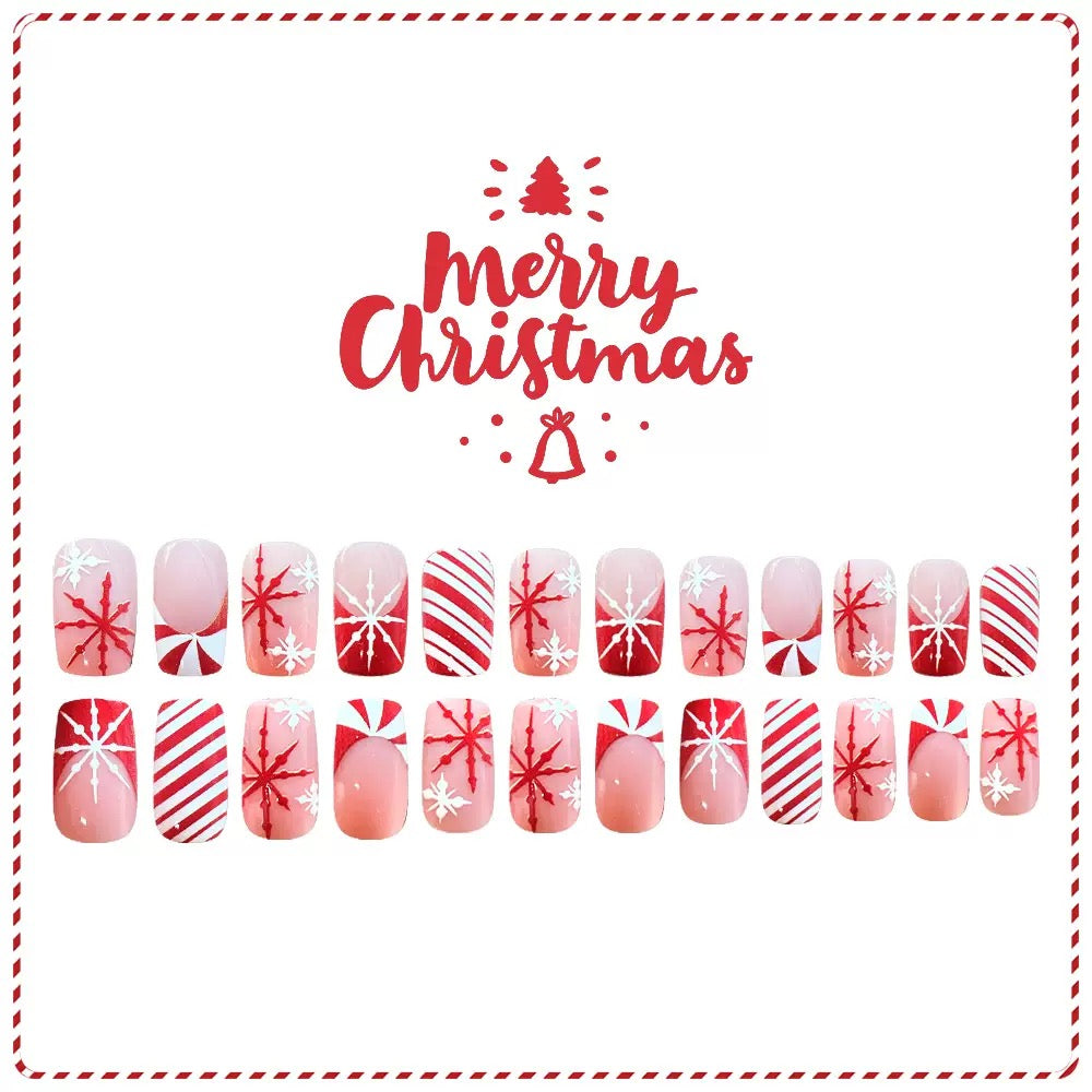 Christmas Medium Square Red & White Color-Block Press-On Nails with Snowflakes and Candy Design