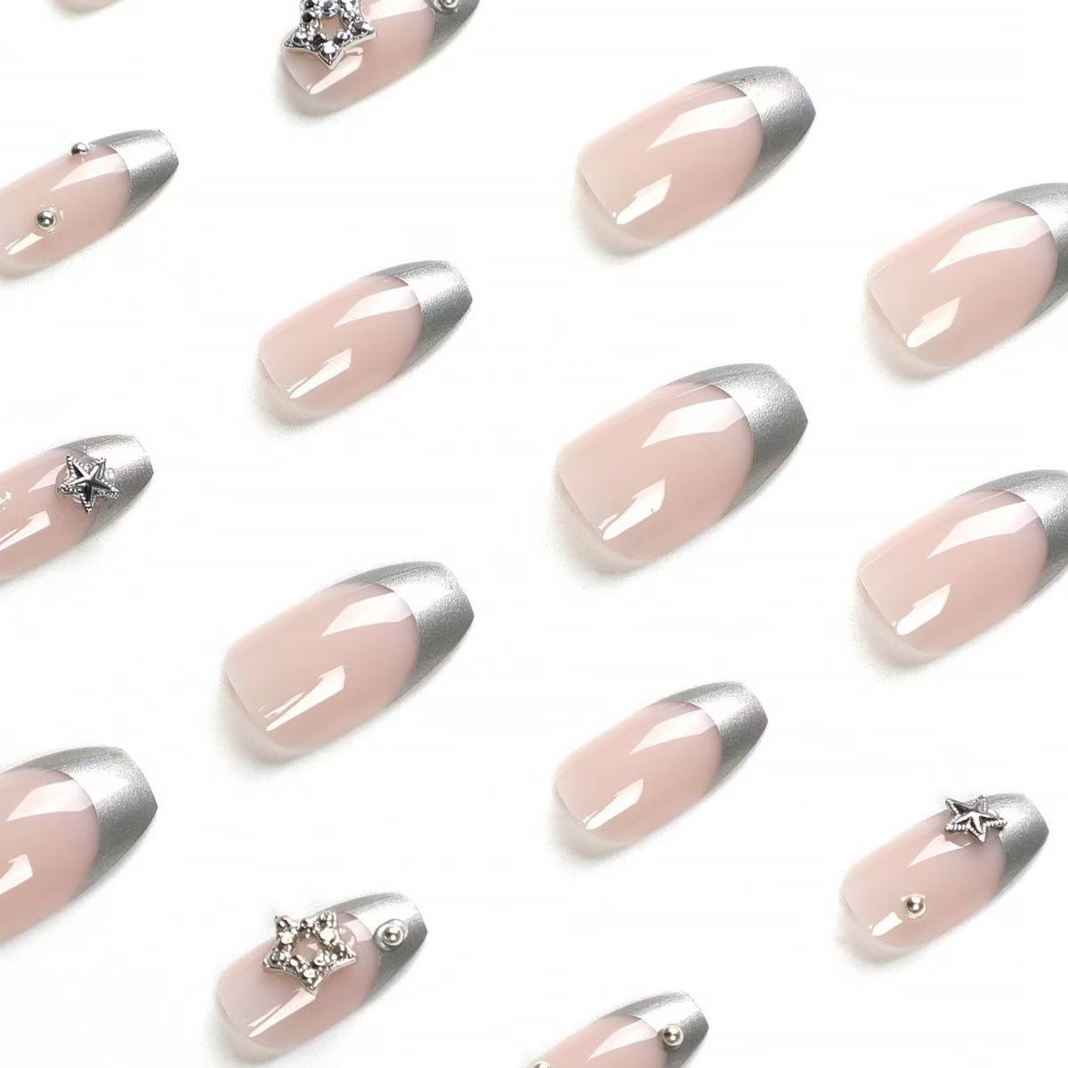 Luxurious Edgy Girl French Silver-Edged Star Rhinestone Sweet-Cool Press-On Nails
