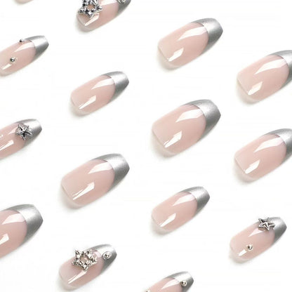 Luxurious Edgy Girl French Silver-Edged Star Rhinestone Sweet-Cool Press-On Nails