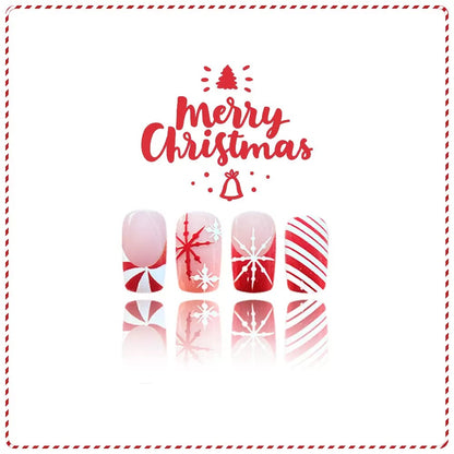 Christmas Medium Square Red & White Color-Block Press-On Nails with Snowflakes and Candy Design
