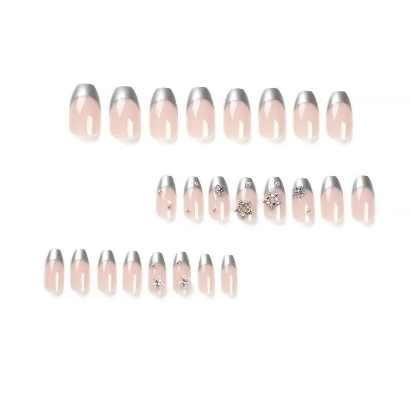 Luxurious Edgy Girl French Silver-Edged Star Rhinestone Sweet-Cool Press-On Nails