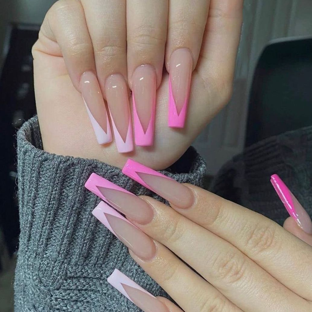 French-Style Edgy Girl Pink-Peach Long Ballet Press-On Nails