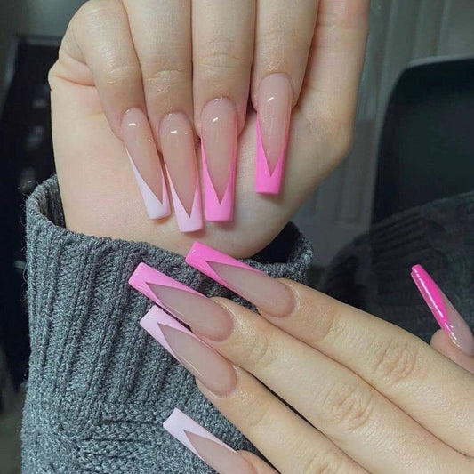 French-Style Edgy Girl Pink-Peach Long Ballet Press-On Nails