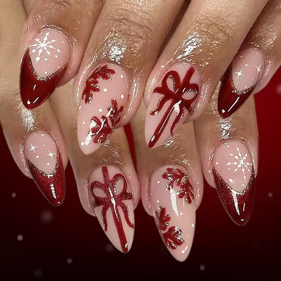 Christmas Red French Nails with Glitter, White Snowflakes, and Glossy Finish Press-On Nails