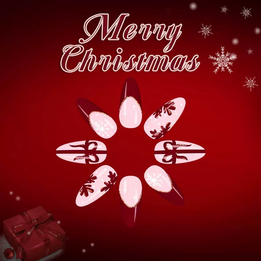 Christmas Red French Nails with Glitter, White Snowflakes, and Glossy Finish Press-On Nails
