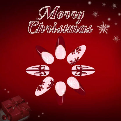 Christmas Red French Nails with Glitter, White Snowflakes, and Glossy Finish Press-On Nails