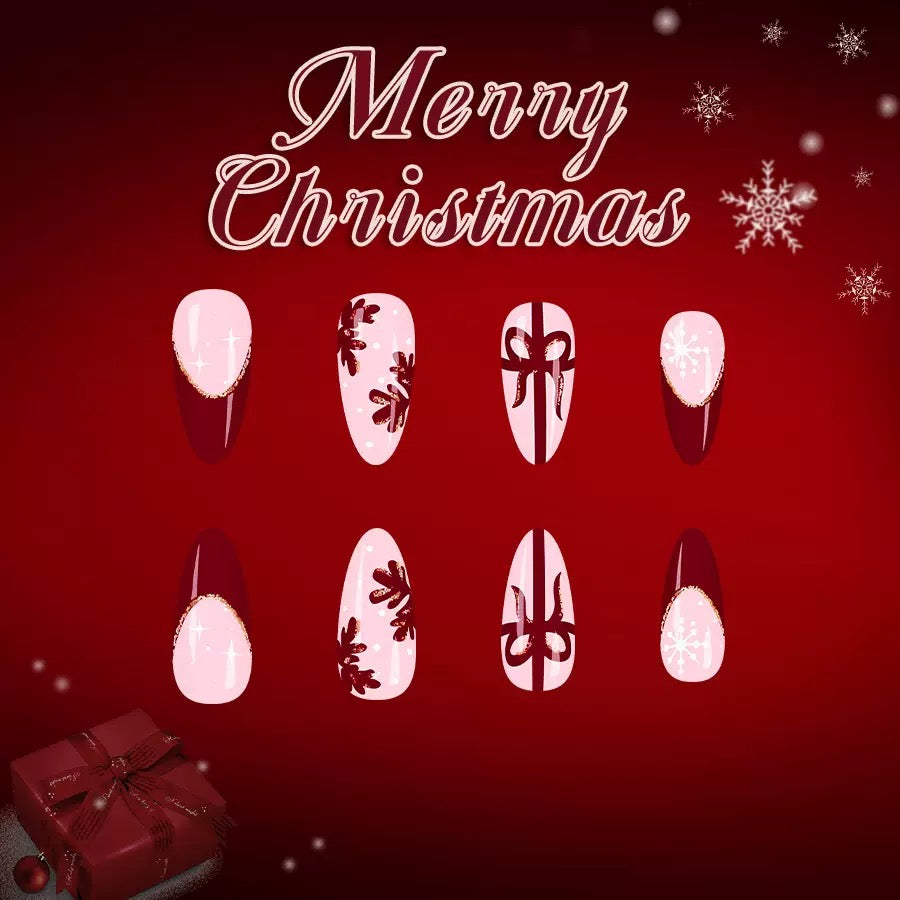 Christmas Red French Nails with Glitter, White Snowflakes, and Glossy Finish Press-On Nails