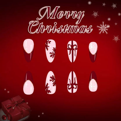 Christmas Red French Nails with Glitter, White Snowflakes, and Glossy Finish Press-On Nails