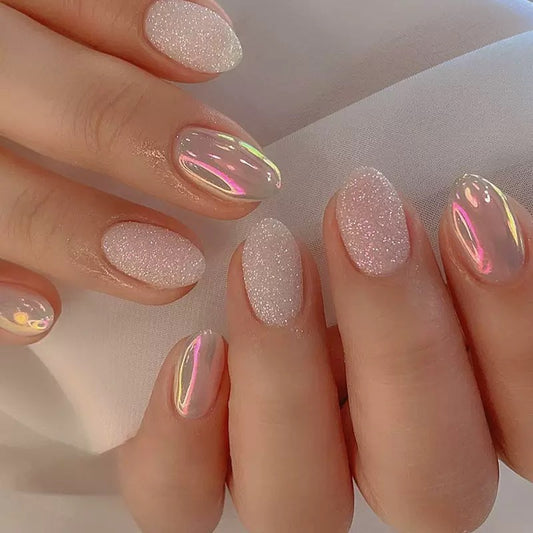 Sweet Girl Aurora Glitter Oval Round Almond Detachable Press-On Nails | Cute & Chic Style