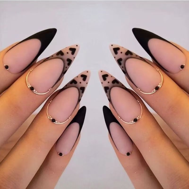Black Heart Press-On Nails with Gold Lines (Ready-Made)