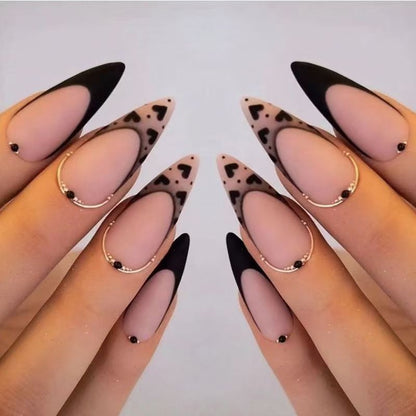 Black Heart Press-On Nails with Gold Lines (Ready-Made)