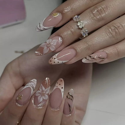 Autumn-Winter French 3D Gold-Foiled Flower Detachable Press-On Nails