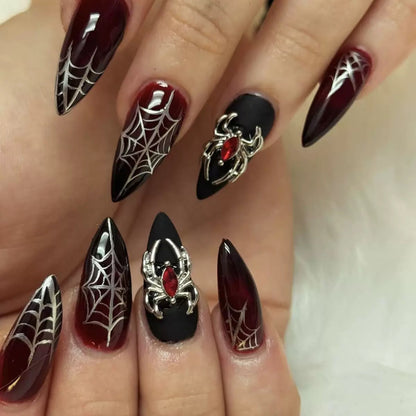 Halloween Dark Gothic Black-to-Red Gradient Spiderweb Nails with Gold Metal Spider – Trendy Press-On Set