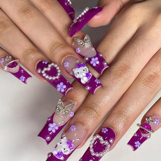 Purple Kitty Cat Heart Pearl French Press-On Nails with Silver Butterfly & Flower Accents