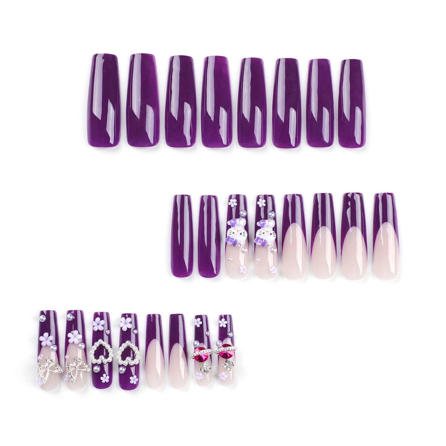 Purple Kitty Cat Heart Pearl French Press-On Nails with Silver Butterfly & Flower Accents