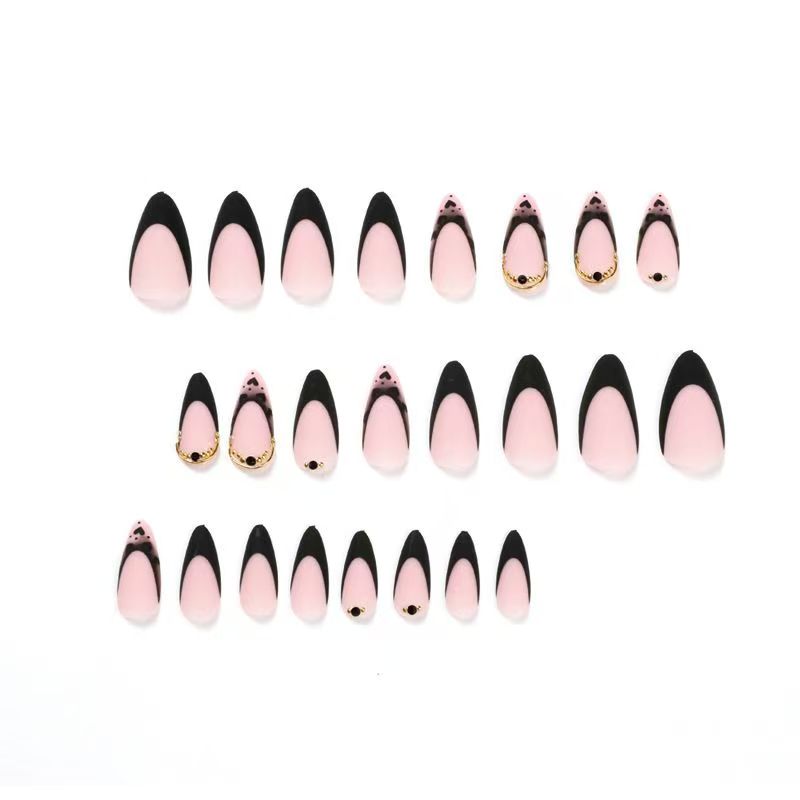 Black Heart Press-On Nails with Gold Lines (Ready-Made)