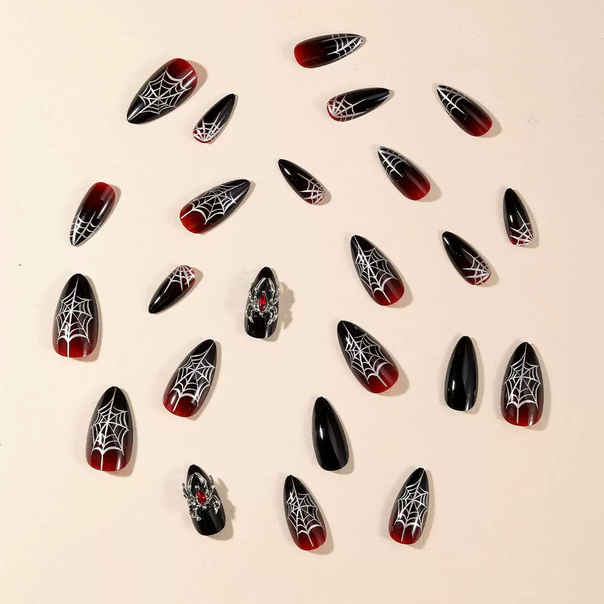 Halloween Dark Gothic Black-to-Red Gradient Spiderweb Nails with Gold Metal Spider – Trendy Press-On Set
