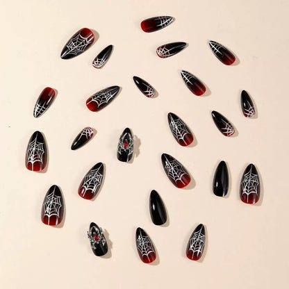 Halloween Dark Gothic Black-to-Red Gradient Spiderweb Nails with Gold Metal Spider – Trendy Press-On Set