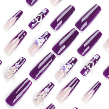 Purple Kitty Cat Heart Pearl French Press-On Nails with Silver Butterfly & Flower Accents