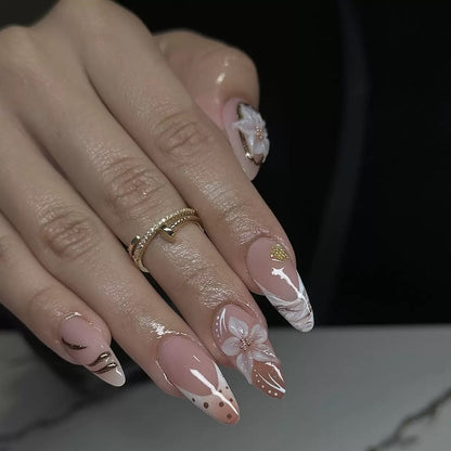 Autumn-Winter French 3D Gold-Foiled Flower Detachable Press-On Nails