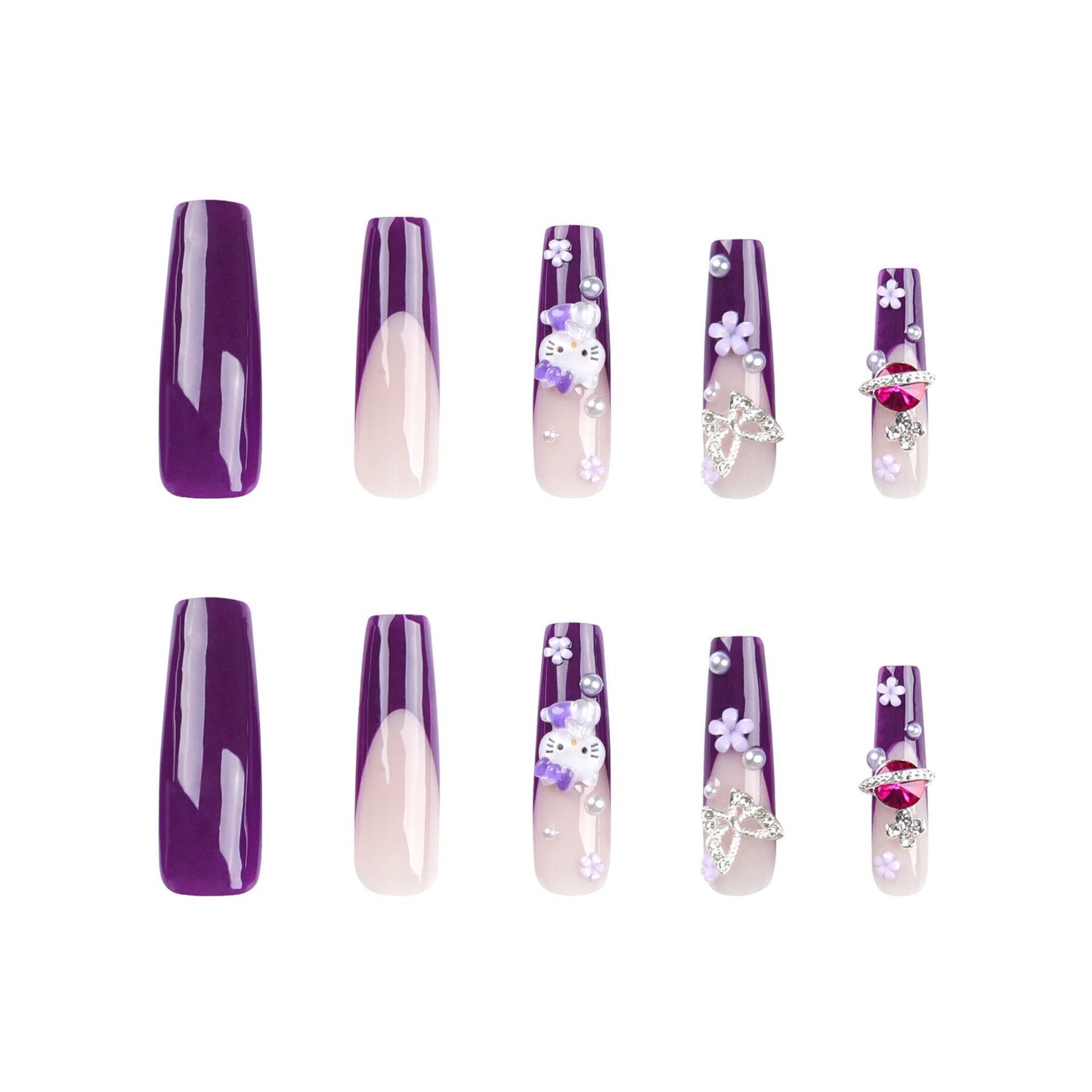 Purple Kitty Cat Heart Pearl French Press-On Nails with Silver Butterfly & Flower Accents