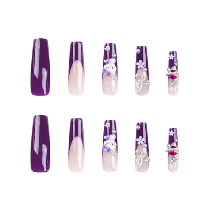 Purple Kitty Cat Heart Pearl French Press-On Nails with Silver Butterfly & Flower Accents
