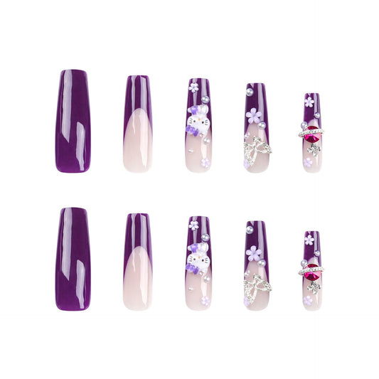 Purple Kitty Cat Heart Pearl French Press-On Nails with Silver Butterfly & Flower Accents