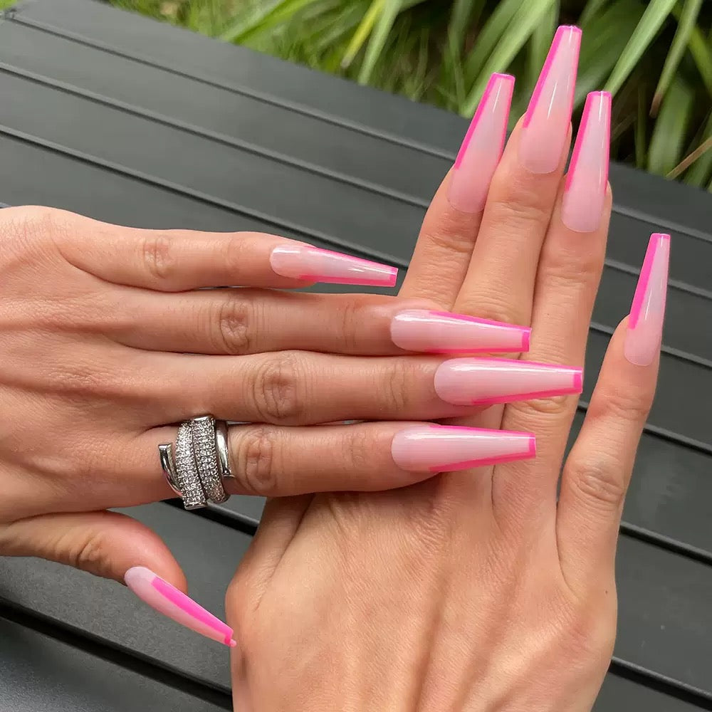 French-Style Flesh Pink to Peach Red V-Shaped Extra-Long Trapezoid Press-On Nails