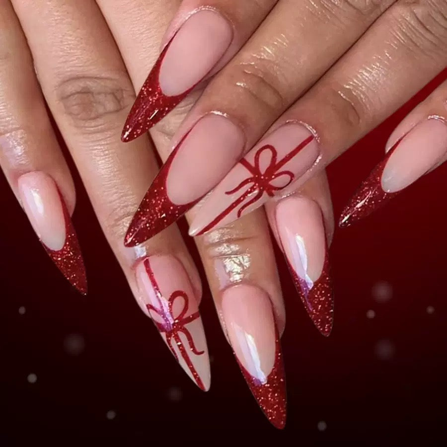 Christmas Long Pointed Glossy Red French Press-On Nails with Glitter, Gift, and Ribbon Design