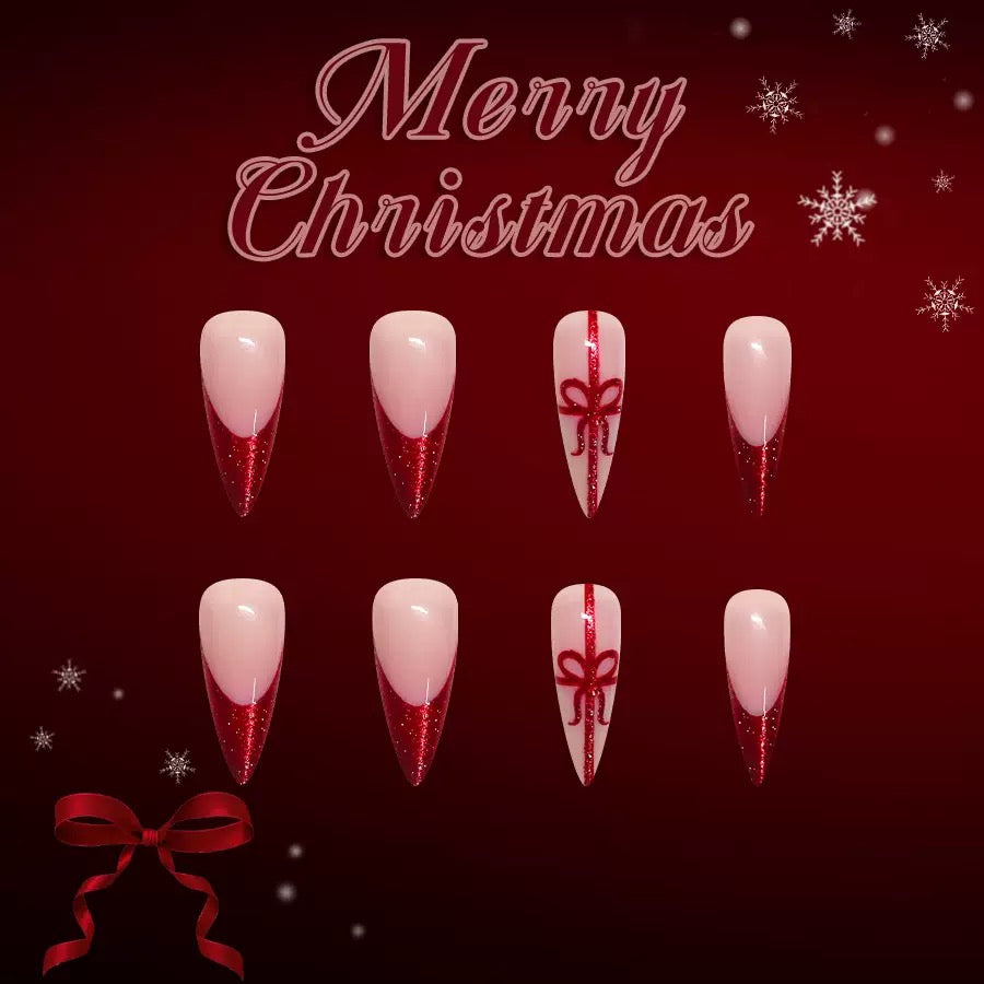 Christmas Long Pointed Glossy Red French Press-On Nails with Glitter, Gift, and Ribbon Design