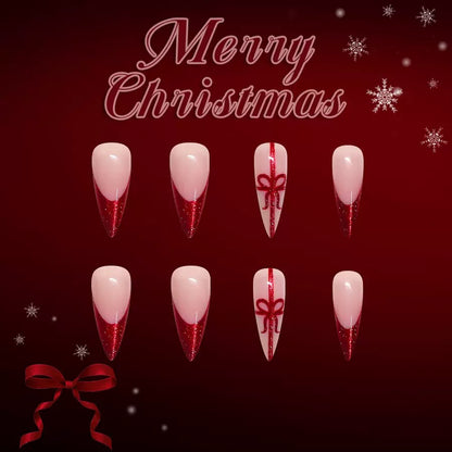 Christmas Long Pointed Glossy Red French Press-On Nails with Glitter, Gift, and Ribbon Design