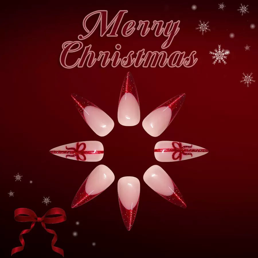 Christmas Long Pointed Glossy Red French Press-On Nails with Glitter, Gift, and Ribbon Design