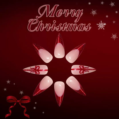 Christmas Long Pointed Glossy Red French Press-On Nails with Glitter, Gift, and Ribbon Design