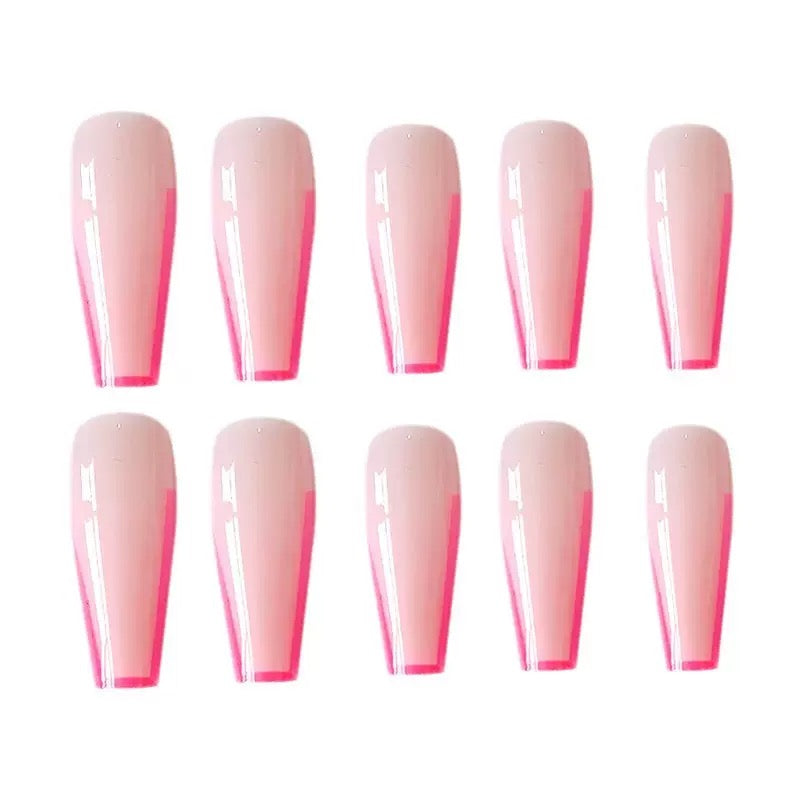 French-Style Flesh Pink to Peach Red V-Shaped Extra-Long Trapezoid Press-On Nails