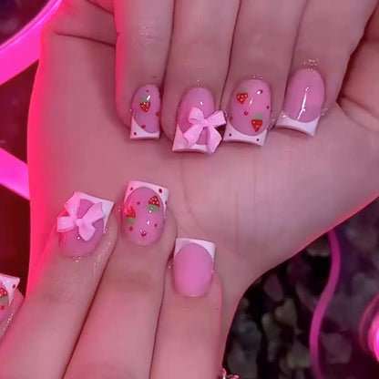 Valentine’s Day Short Glossy French Press-On Nails with Bow and Strawberry Design