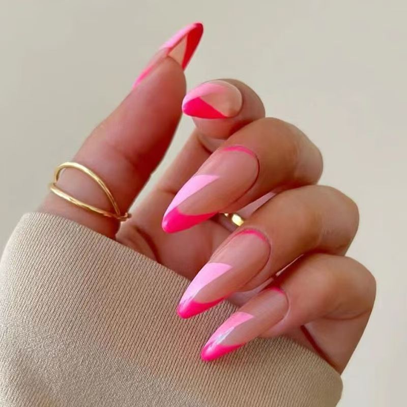French-Style Two-Tone Rose Red Almond Press-On Nails